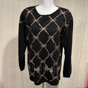 Vintage Black Sweater Sequins Beading Large Holiday